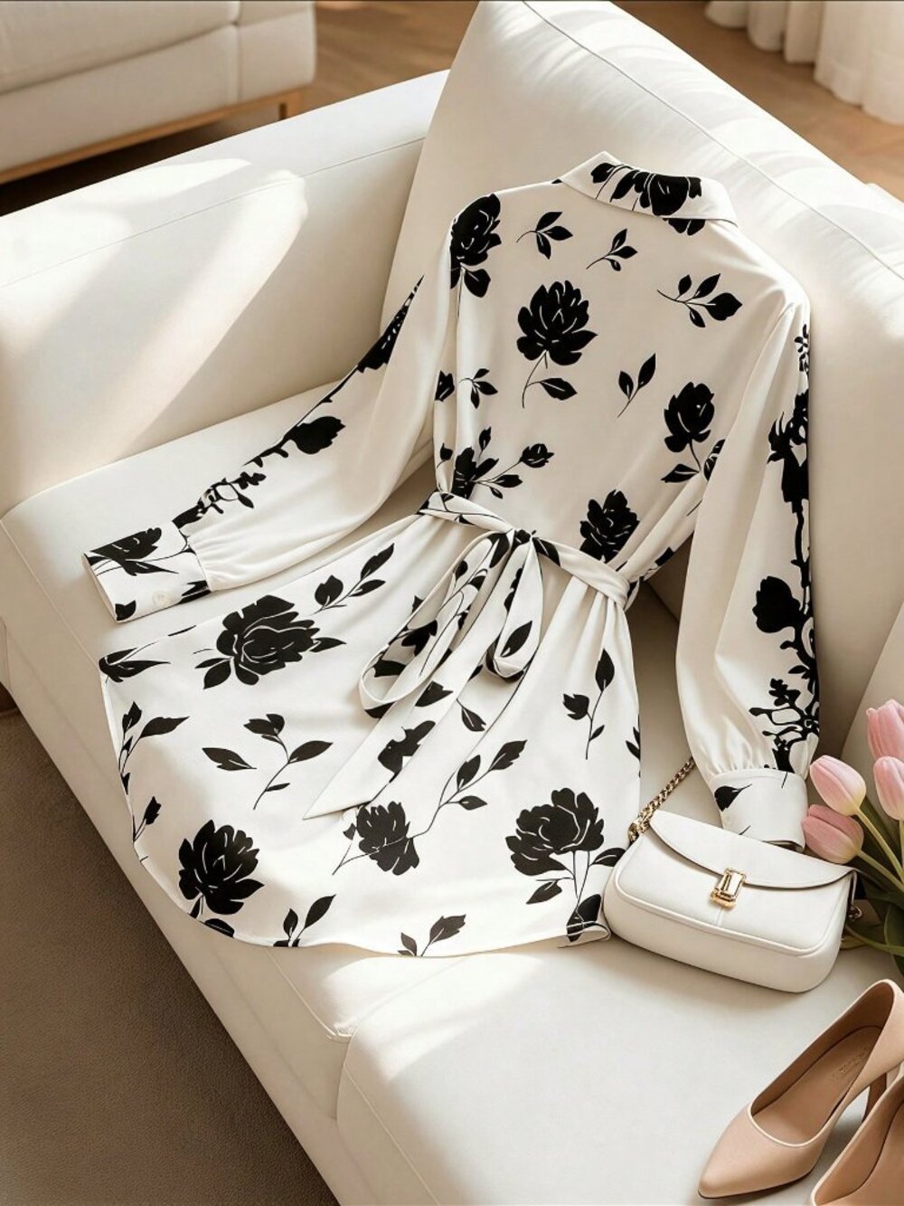 Black And White Relaxed Women's Plus Size Floral Tie Front Long Sleeve Shirt - Picture 2 of 5
